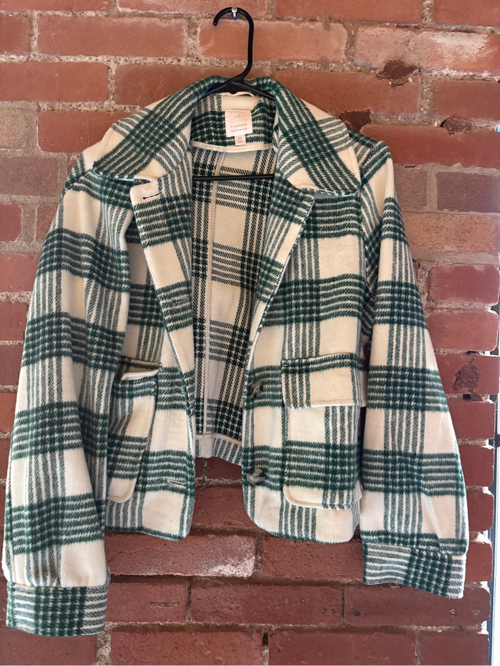 LC Lauren Conrad Green and Cream Plaid Cropped Blazer